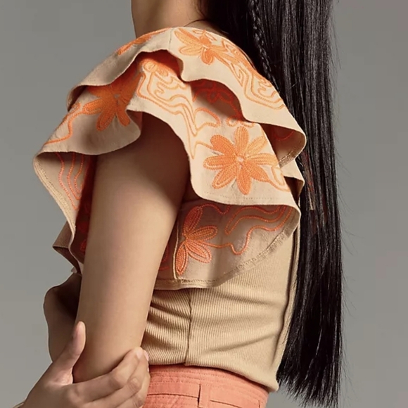 Anthropologie, New, Dolan Linen Blend Rib Knit Embroidered Ruffle Top Size XL - Picture 13 of 14